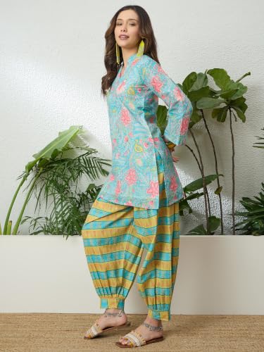 Image of EthnicJunction Women's Linen Floral Print Summer Wear Straight Short Kurti With Afghani Pant Set | Co Ord Set for Women Stylish | Fusion wear Women