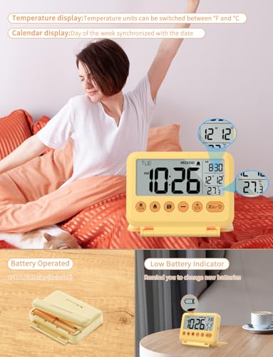 Image of Digital Travel Alarm Clock - 3.54 inch LCD Display, 9-Minute Snooze, 2 Volume Levels, Backlight, Battery Included (Yellow)