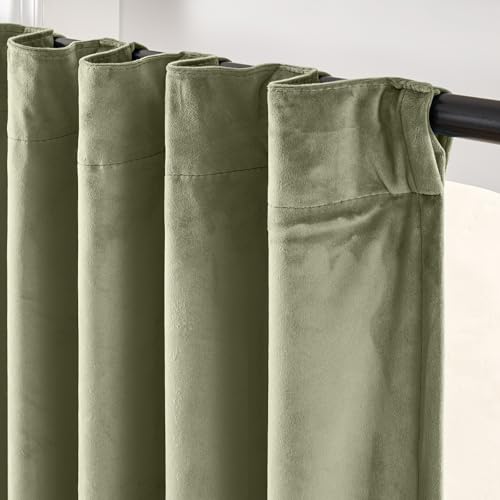 Image of Blackout Olive Sage Velvet Curtains Back Tab 52x90 Inch 2 Panels | Soft Velvet, Lined, For Bedroom & Living Space, Light Shifting Texture, Elegant Drape, Serene, Fresh