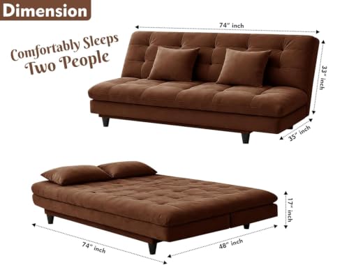 Image of Deco Studio Velvet Fabric Wooden Three-Seater Apsen Sofa Bed with Tufted Couch Sofa for- Living Room Furniture-Brown-Color