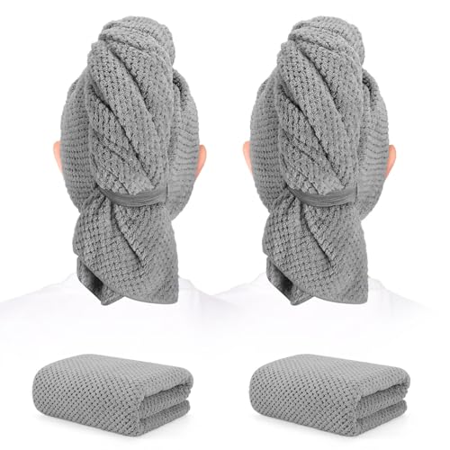 Image of 2 Pack Microfiber Hair Towel - 41 x 24 inches Super Soft, Absorbent, Fast Drying Without Frizz Hair Towel Wrap for Women Long, Thick, Curly Hair - Hair Turbans with Elastic Strap