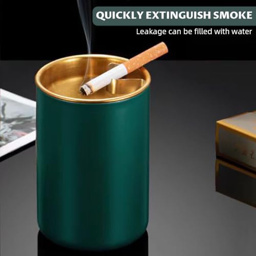 Image of HASTHIP Stainless Steel Green Ashtray, Funnel Lid for Table & Cup Holder | Helps Reduce Ash Scattering, Funnel Opening Supports Cleaner Disposal, Durable Steel Build, Tabletop or Vehicle Placement