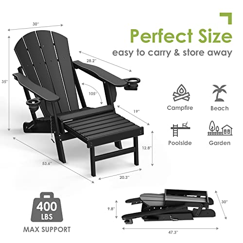 Greenvines Folding Adirondack Chairs With Ottoman Set Of 2, Hdpe Plastic All-Weather Poolside Chair W/Cup Holders & Footrest For Fire Pit Campfire Deck Backyard Patio Outdoor Porch Lawn, Black #TOP1