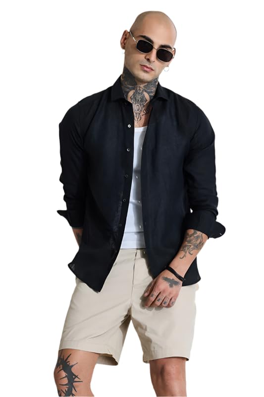 Image of SNITCH Men Casual Shirt | Slim Fit Full Sleeve Classic Collar Solid Pattern | 100% Linen, Breathable & Lightweight Fabric, Machine Washable