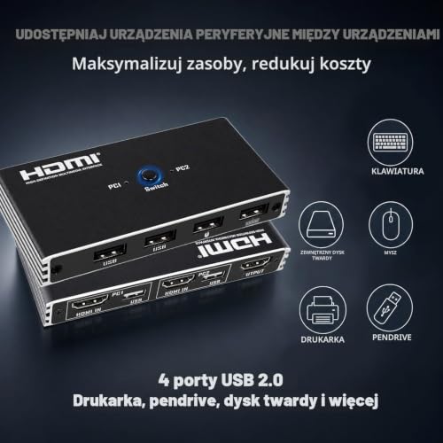 Przełącznik KVM HDMI 2 Komputery 1 Monitor 4K 60Hz USB-A Dla Win/Mac/Linux