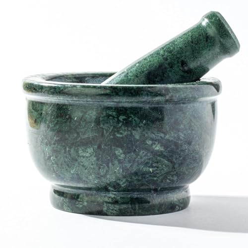 Image of BR AND SONS GREEN Marble Mortar and Pestle Set - 4 Inch Traditional Imam Dasta Kundi Kharal Okhli Khalbatta - Natural Stone Spice Grinder for Kitchen - Indian Masher