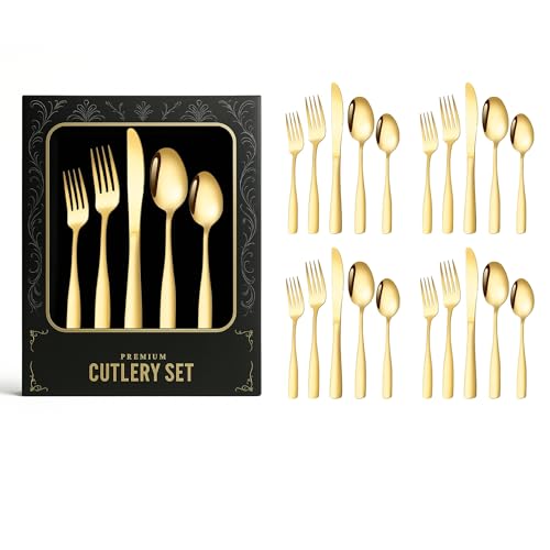 Image of aDai Premium Cutlery Set | Stainless Steel Tableware | Mirror Finish | Includes Spoon Fork Knife & Teaspoon | Elegant Flatware Set for Dining, Parties & Gifting (Gold, Set of 20)