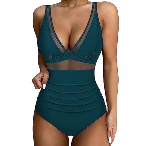 Lista de Rebajadores los 5 más buscados. 42 Traje de baño con control de abdomen para mujer, de una pieza, cintura alta, cuello en V, malla fruncida, traje de baño sexy con correa ajustable, A01_verde, M