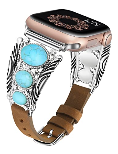 Minyee Leather Band Compatible with Apple Watch Bands Women 42/46/38/40/41/44/45/49mm Boho Western Turquoise Vintage Cowboy Retro Jewelry Adjustable Strap for iWatch Series 11 10 9 SE 8 7 6 5 4 3 SE