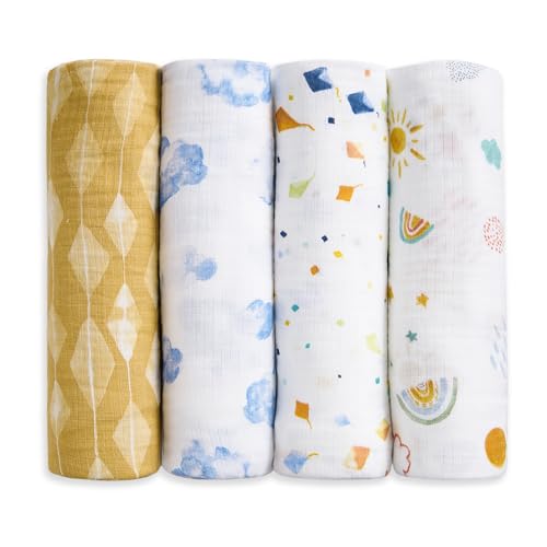 Image of aden + anais Essentials Cotton Muslin Swaddles, Breathable Baby Blanket, Ideal for Boys, Girls, Newborns, Babies & Infants, Receiving Blanket, Soft and Lightweight Wrap, 4 Pack, Kite Parade