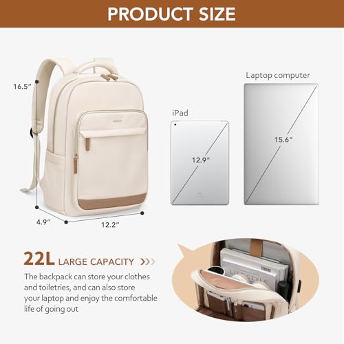 MDODO Laptop Backpack for Women,Travel Backpack with Laptop Compartment,Casual Daypack College Bookbag Computer Work Backpack,15.6 inch,Beige — view 2