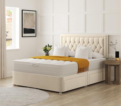 COZY HUB LTD Hilton Florida Divan Bed with 10 Inch Ortho Tufted Mattress & Plush Velvet Headboard – Luxury Divan Set with Drawer Storage Options. (Cream, 3Ft- No Drawers)