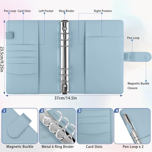 Image of Antner A5 Notebook Binder with 6-Ring Pockets, PU Leather Refillable Personal Organizer, Magnetic Buckle Closure, Airy Blue