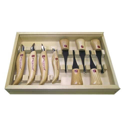 Image of Flexcut Wood Carving Tools | Deluxe Palm & Knife Set | Includes 4 Carving Knives and 4 Palm Tools | 1095 High Carbon Steel Blades | Ash Hardwood Handles | KN700 | Made in the U.S.A.