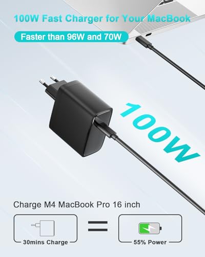 Chargeur USB C 100 W Compatible avec MacBook Pro 16 14 Pouces, MacBook Air 15 13 Pouces 2025 2024 2023 2022 2021 2020 2019 2018 M4 M3 M2 M1, Câble de Charge USB-C 2M 5A (Noir) – vue 2