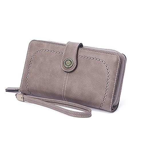Image of Mokoze Wallet for Women, PU Leather Large Capacity Wallets with Wrist Strap and Zipper for Hold Credit Cards /Cell Phones /Keys, Girlfriends Mother's Day Gifts, Grey, 7.48 inch x 4.13 inch x 1.18 inch, Bifold