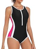 ATTRACO Boyleg Swimsuits for Women Lap Swimming Suits Zipper Front One Piece Swimwear S