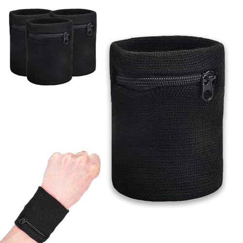 Sport Handgelenktasche, Handgelenktasche mit Reißverschluss 4 Stück, Schwarz Schweissband Handgelenk, schwarz Geldbörse, Sweat Absorbierender Handgelenkschlauch, für Basketball Laufen