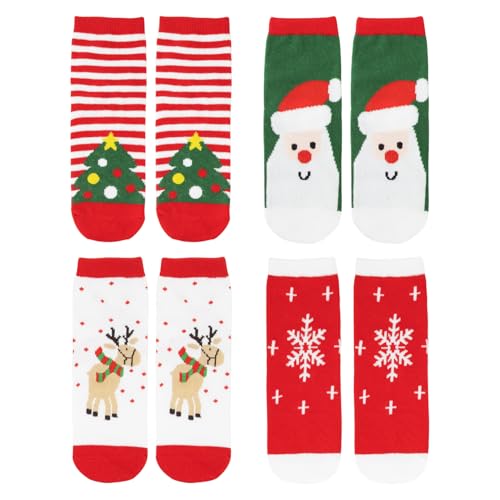 CHEERYMAGIC 4 Pairs Kids Christmas Socks Boys Girls Toddler Cotton Holiday Socks Warm Winter Sock Christmas New Year Gifts age 5-8 A6-SDKLW