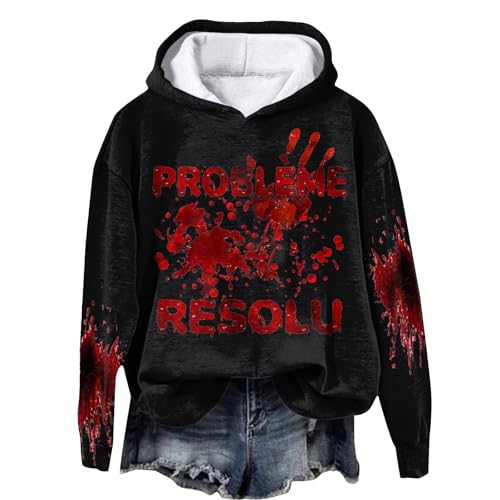 Image of MOVAWAKY Halloween T Shirts for Women UK Bloody Tshirts Problem Solved V Neck Tee Shirt Women's Dark Humor Top T-Shirt/Hoodies Cocktail Party Evening Prom Gown Party Cosplay (Black,5XL)