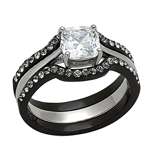Mabella His & Hers 4 Pcs Black Men's Titanium Matching Band& Women's Stainless Steel Cushion Cut Wedding Engagement Bridal Ring Sets,Women's Size 8 Men's Size 10 #TOP1