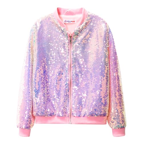 WELAKEN Sequin Jacket for Girls Boys Kids Sparkly Shiny Star Zip Up Bomber Jacket with Pockets 34Y