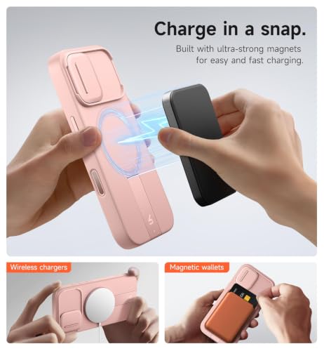 Image of SURITCH for iPhone 17 Case with Camera Control Cover, Camera Slide Cover and Adjustable Kickstand, Compatible with MagSafe, Shockproof Bumper Protective Cases 6.3 Inch, Pink