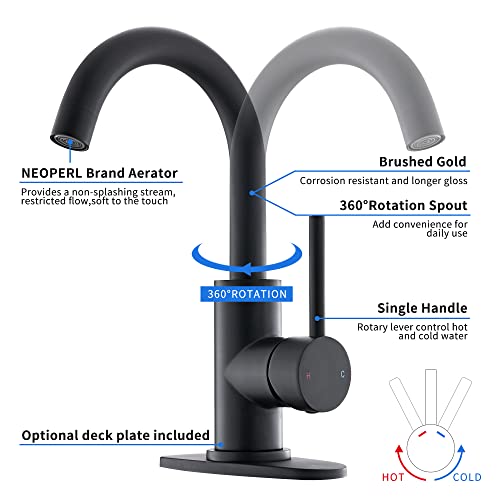 Matte Black Single Handle Bathroom Sink Faucet, 360° Swivel Spout Bar Sink Faucet With Deck Plate 4 Inch Centerset Black Bathroom Faucet With Pop-Up Drain Black Bathroom Lavatory Vanity Faucet #TOP2