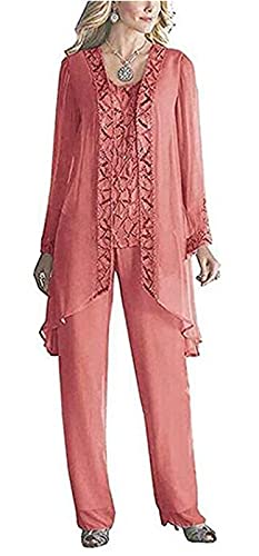 Women's Chiffon 3 Pieces Formal Mother of The Bride Pant Suits with Appliques with Outfit for Wedding Grooms