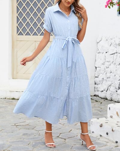 Image of Ladyful Women Striped Shirt Maxi Dress Short Sleeve Tie Waist Long Dress