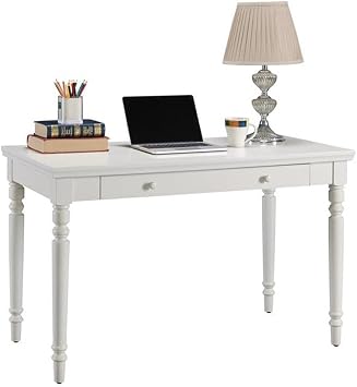 BOWERY HILL Traditional Wood Writing Desk, 48" L x 24" W x 30" H, Solid Hardwoods and Oak Veneers, White Finish, Turned Legs, Drop Down Drawer Front, Full Extension Drawer, Compact Home Office Desk