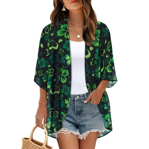 St Patricks Day Shirt Bathing Suit Cover Up Green Floral Kimono Cardigans Festival Tops(Black Green Clover, S)