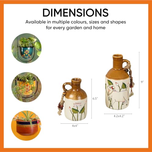 Image of AAKRITI ART CREATIONS Ceramic Planter Bottles Set of 2 | Pichhwai Art, Off-White Glossy Finish | Decorative Vases for Home Decor | Flower Pots & Tabletop Decor for Living Room