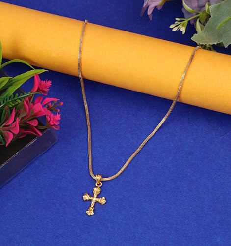 Image of CUTE GOLD One Gram Micro Gold Plated Men Style Lord Jesus Cross Pendant Chain For Mens And Womens (18 inch)(DC-1133)