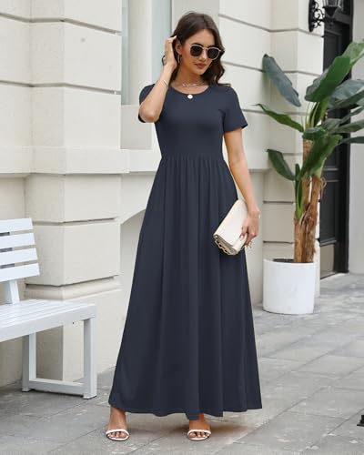 Image of COSSEN Women's Crew Neck Short Sleeve Maxi Dress with Pockets Casual Loose Swing for Wedding Guest Beach Vacation