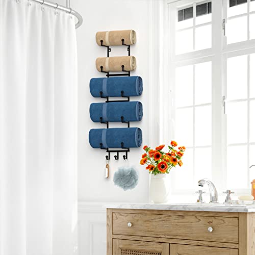 Aitee Towel Rack Wall Mounted, Towel Rack Holder Organizer With Hooks For Hanging Bath Balls, Towel Shelf Holder Storage With 6 Compartments For Bathroom Hand Towels, Washcloths #TOP6