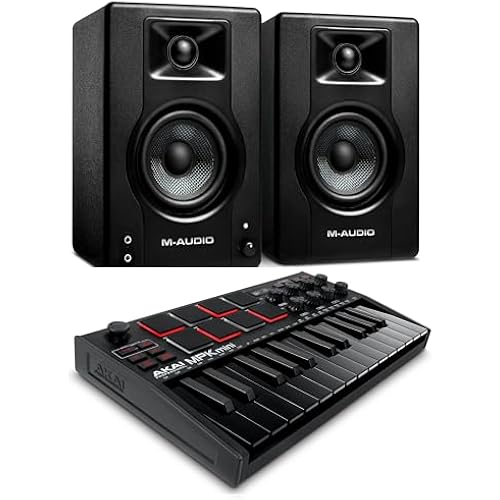 Recording Studio Package - Akai Professional MPK Mini MK3 USB MIDI Keyboard Controller and M-Audio BX3 3.5" 120W Speakers, with Production Software, black