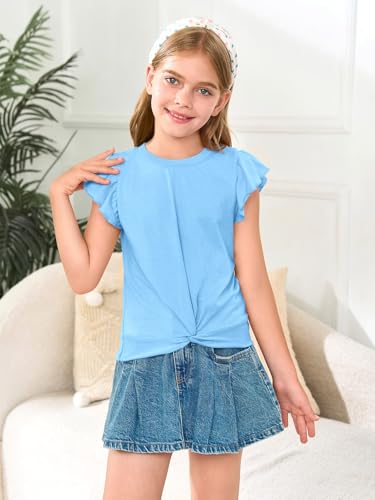 Image of Haloumoning Girls Ruffle Sleeve T Shirts Summer Crewneck Shirt 5-14 Years