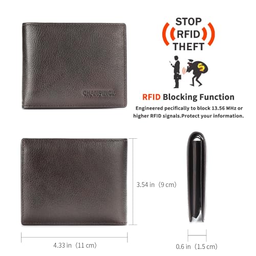 Image of Mens Trifold Leather RFID Blocking Wallet with 2 ID Windows 2 Cash Compartments 6-8 card slots 2-3 inside slots Large Capacity Wallet