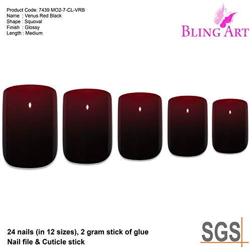 Falsche Nägel Bling Art Rot Schwarz Französisch Squoval 24 Gefälschte Mittel Acryl Tipps – Bild 5