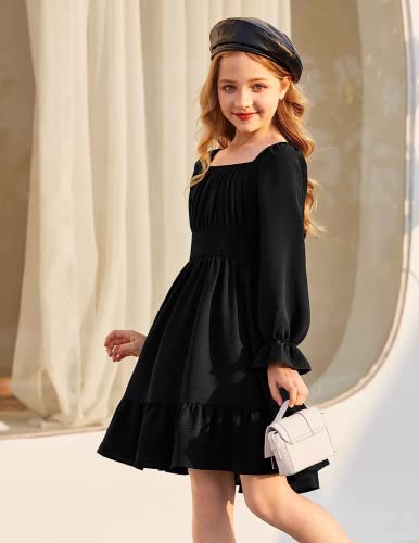 Qiraoxy Girls Dress Long Sleeve Swing Dress Casual Square Neck A-Line Skater Dress Party Dresses Elegant Dresses Wedding School Clothes for Kids Girls 5-12 Years - Image 4