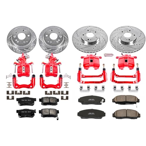 Image of PowerStop Front and Rear Brake & Caliper Kit for Acura CL 2001-03 - Carbon-Fiber Ceramic Brake Pads + Drilled & Slotted Rotors + Red Powder Coated Calipers, KC2296