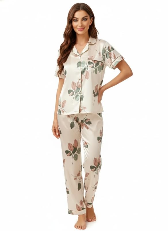 Image of Night Suit for Women with Full Sleeve Button-Down Top with Pant Dress for Woman, Cotton Night Dress for Woman, Two-Piece Loungewear Set
