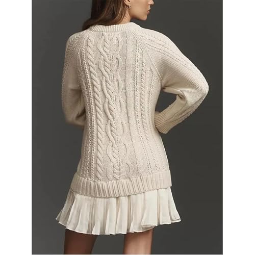 Women Crewneck Cable Knit Sweater Mini Dress, Cable Knit Sweater Pleated Mini Dress, Twofer Style Dress2
