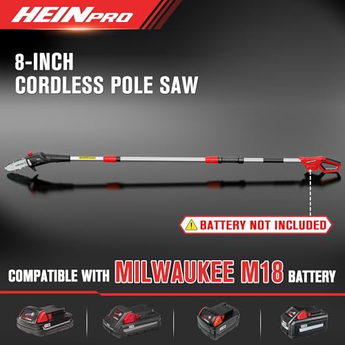 Image of HEINPRO Cordless Pole Saw Compatible with Milwaukee M18 Battery | 8 inch /14.2 ft Max Reach (Battery Not Included), Auto Oiling System, Dual-Side Safety Lock, Shoulder Strap, for Tree Trimming