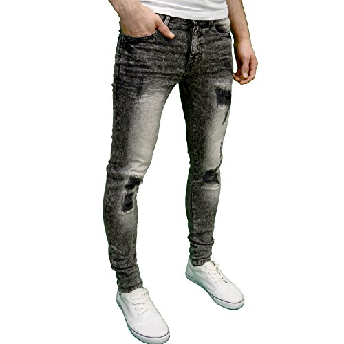Enzo Mens Designer Branded Ripped Skinny Acid Wash Jeans (40W x 32L