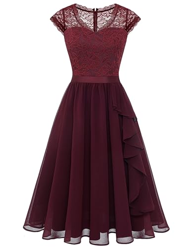 Women's V-Neck Wedding Guest Dresses Floral Lace Cocktail Party Swing Dress WT0212BurgundyXL