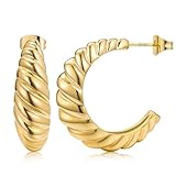 14K Gold Croissant Earrings Twisted Round Hoop Earrings Chunky Hoop Earrings 925 Sterling Silver Earrings for Women