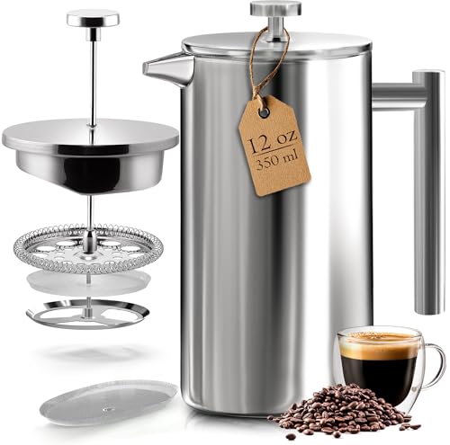 KICHLY Cafetera de prensa francesa de acero inoxidable - Cafetera espresso y tetera con triple filtro - Vidrio resistente al calor con émbolo de acero - 12 oz (0,35 litros) Plateado