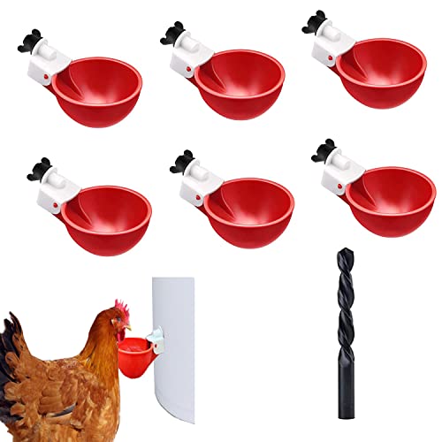 YQkangzhu 6Pcs Automatic Chicken Waterer Cups, Auto Filling Chicken Waterer Feeder, Poultry Water Bowl Kit, 1 drill, Watering Drinker System for Chicks, Turkeys, Ducks, Quails, Pigeons, Birds, Geese